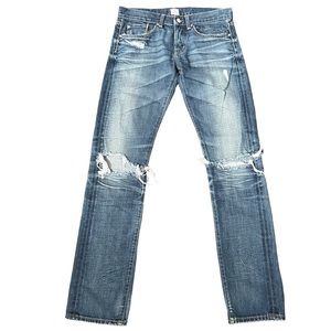 AG Straight Leg Selvedge Jeans Distressed Ripped Knees Medium Blue Wash